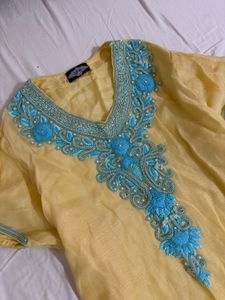 Elegant Yellow Kurta with Blue Embroidery