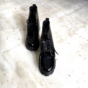 Glossy Black Lace-Up Ankle Boots