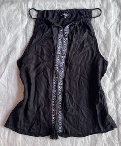 Boho Black Embroidered Tassel Tank Top