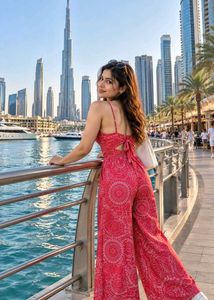 Chic Red Jumpsuit with White Print