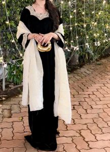 Black Velvet kaftan set with Neck hand work lace