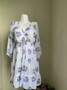 Korean Daisy Print Tiered Midi Dress