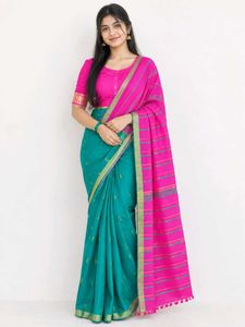 Beautiful Teal and Pink Saree with stiched blouse