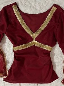 Elegant Maroon🥀 Short Kurta with Golden Embellish
