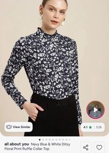 Navy Blue Floral Print Ruffle Collar Top