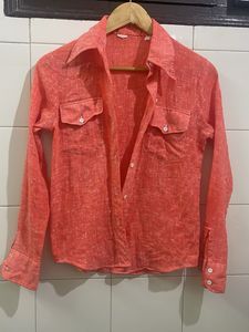 Coral Linen Blend Button-Up Shirt