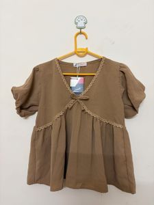 Cute Brown Peplum Top with Lace Trim