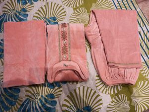 woolen Peach Velvet Kurta Set