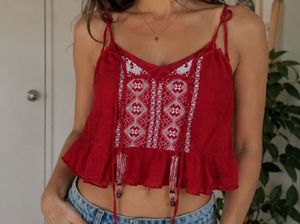 Boho Red Embroidered Cami Top