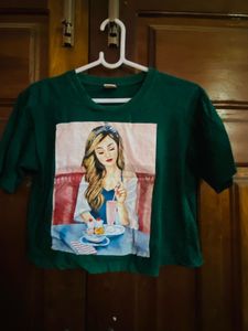 Green Graphic Print Cropped T-Shirt
