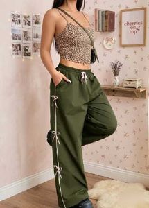 Olive Green Wide Leg Pants with Bow Detail