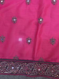 pink net mirror work sareee with blouse