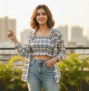 Trendy Plaid Crop Top & Shirt Set