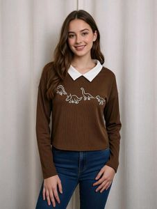 Dino Graphic Collar Long Sleeve Top