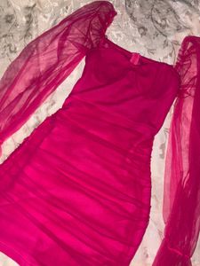 Hot Pink Mesh Sleeve Bodycon Dress