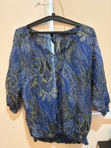 Blue Paisley Print Smocked Waist Blouse