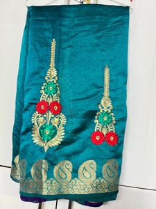 Teal Embroidered Saree no blouse