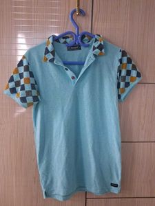 Men's Blue Polo Shirt with Checkerboard Sleeves