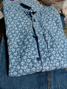 Blue Floral Print Shirt &amp; Jenas Combo