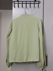 Pastel Green Pleated Button-Up Blouse
