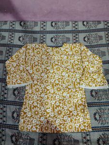 Yellow Floral Print Kurta with Lace Detail