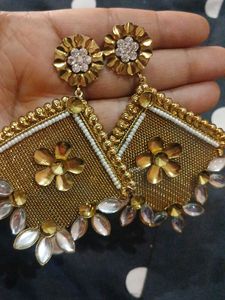 Exquisite Gold Dangle Earrings with Stone Embellis