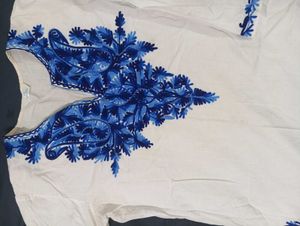 White Kurta with Blue Embroidery