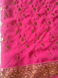 beautiful rose pink georgette saree with gold embr