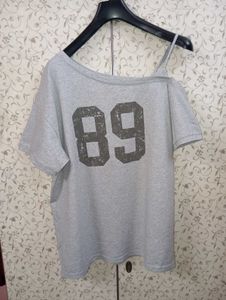 Grey "89" Graphic Print One-Shoulder Top