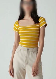 Mustard Yellow Striped Ribbed Square Neck Top