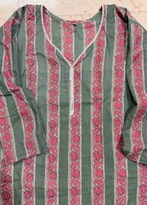 Green Striped Kurta with Pink Floral Print