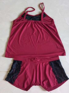 Burgundy Lace Trim Sleep Set
