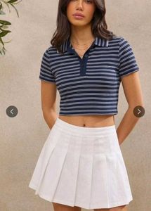 Women's Navy Blue Striped Ribbed Polo Crop Top