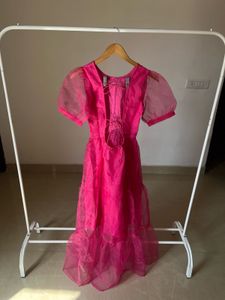 Fuchsia Pink Tiered Puff Sleeves Midi Dress