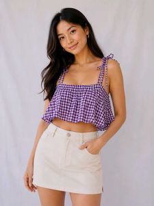 Purple Gingham Tie-Strap Crop Top