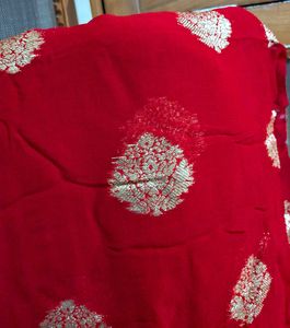Vibrant Red Saree with Gold Brocade