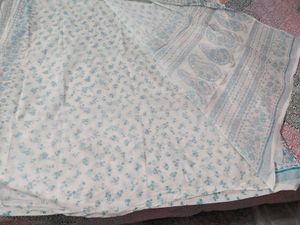 White Blue Floral Print Cotton Saaree🤍💙