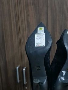 M&amp;S Black Velvet Heels with Rhinestone Buckle