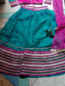 Pink &amp; Teal Embroidered Lehenga Set