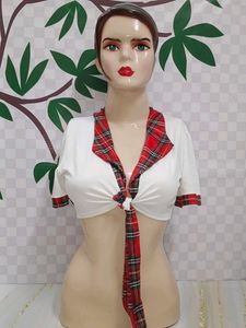 (933)Red Plaid Tie Front Top