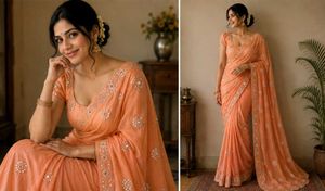 Elegant Peach Embroidered Saree