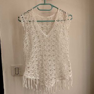 Boho White Crochet Cover Up Top with Fringe
