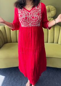 Red satin white sequience  A-line dress