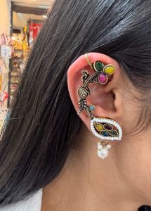 Peacock Ear Cuff with Pearl Drop