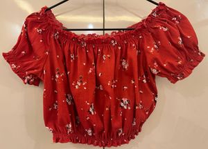 Red Floral Off-Shoulder Puff Sleeve Crop Top