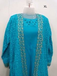 Elegant Blue Kurta Set with Lace Jacket 2pc XL
