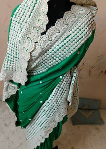 pure Georgette 💯 Elegant Green Saree with White L