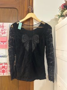 Black Lace Bow Detail Top