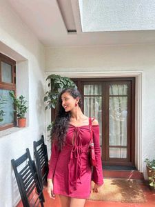 Women's Maroon Long Sleeve Tie-Front Mini Dress