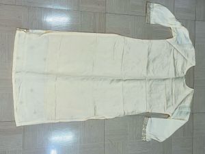 Embroidered Cream Silk Straight Kurta Pant Set.